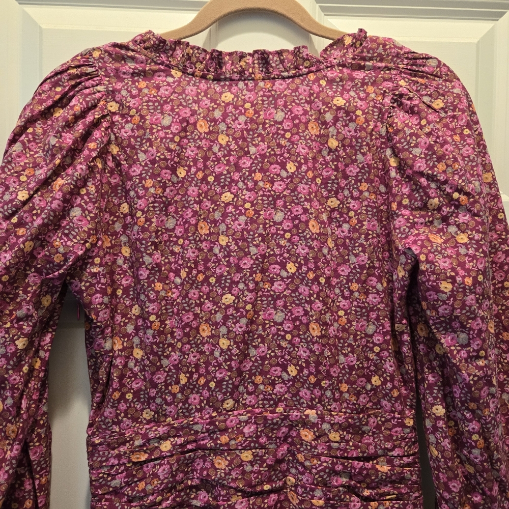 LoveShackFancy Mini Dress 4 Floral Red Pink Ruffled Tiered Long Sleeve Ruched - Picture 8 of 10